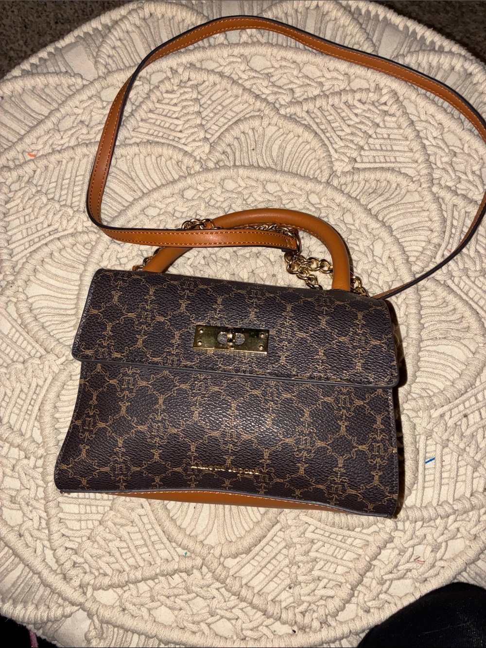 Nanette Lepore Brown Logo-Print Satchel with‎ Tan Trim